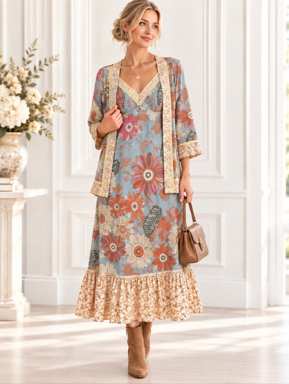 Ku De Ta Floral Maxi Dress Jacket Set Beaded Sequin Shell Boho | Size Large